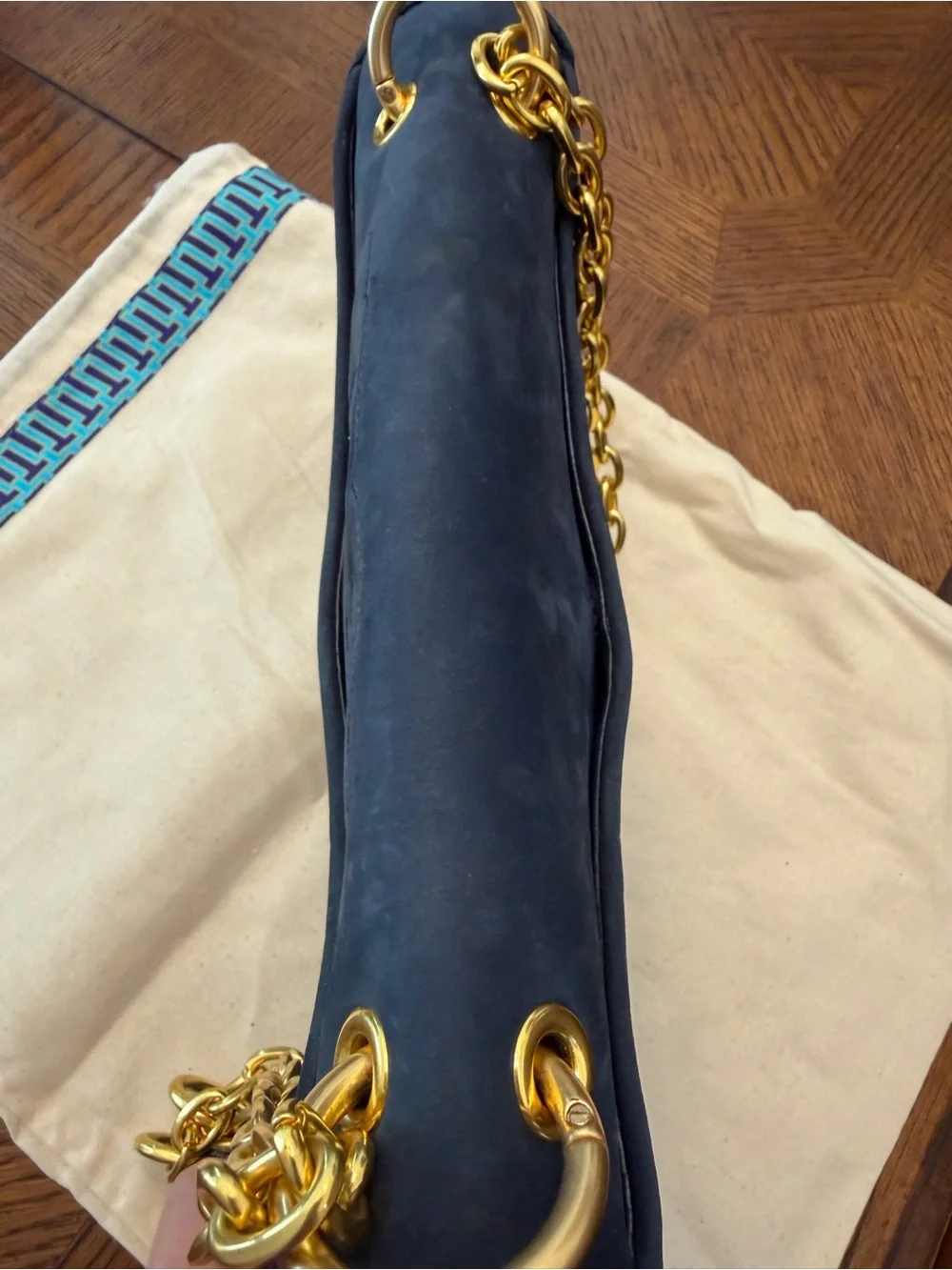 Tory Burch Black Suede Quilted Shoulder Bag with Gold Chain
